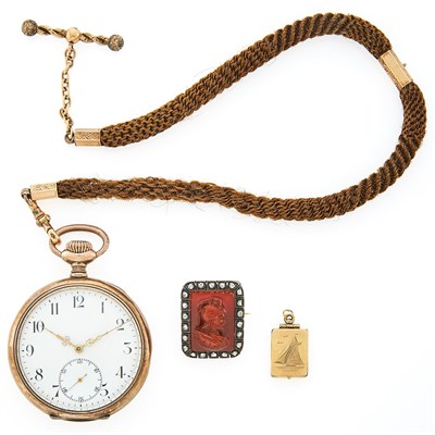 Lot 2083 - Gold-Filled Open Face Pocket Watch with Braided Hair Fob Chain, Silver, Carnelian Cameo and Diamond Brooch and Gold-Filled Locket