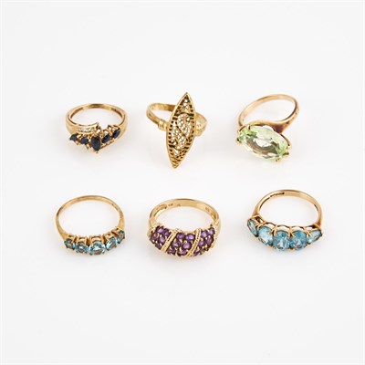 Lot 54 - Six Gold and Stone Rings, 14K 5 dwt. and 10K 6...
