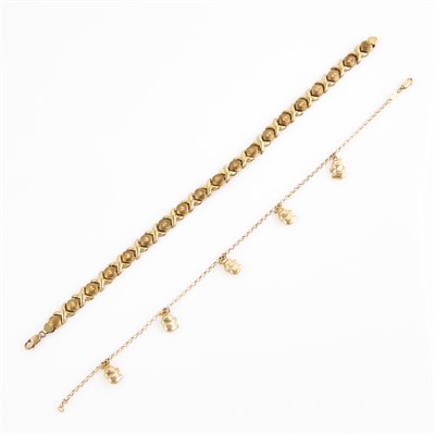 Lot 57 - Two Gold Anklets with 5 charms attached, 10K 7...