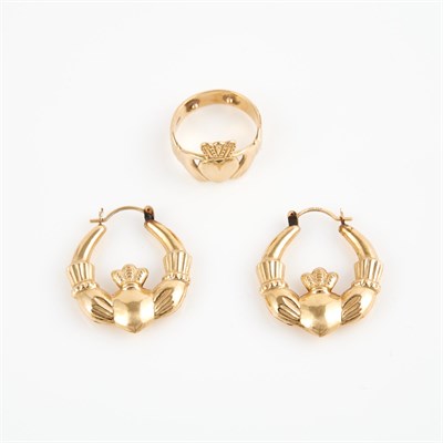 Lot 79 - Two Gold Earrings and Ring, 14K 6 dwt.
