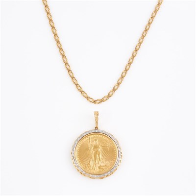 Lot 132 - Diamond Coin Pendant and Gold Neck Chain, 22K...