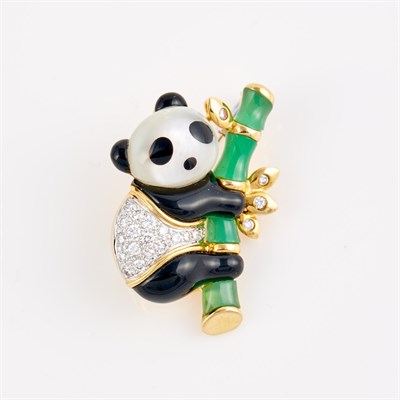 Lot 147 - Diamond, Enamel and Stone Panda Pin, 22...