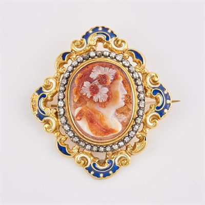 Lot 151 - Diamond, Stone and Enamel Cameo Pin, 14K, damaged