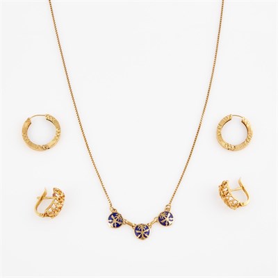 Lot 172 - Gold and Enamel Necklace and Four Earrings,...