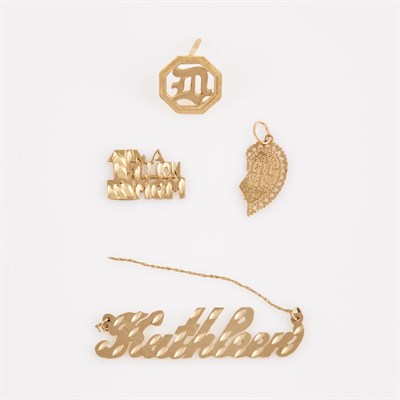 Lot 199 - Three Gold Pendants and Gold Pin, 14K 2 dwt.,...