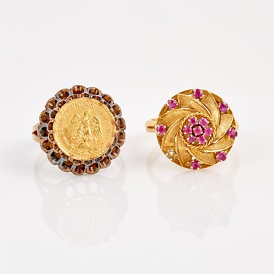 Lot 203 - Two Gold Coin and Stone Rings, 22K, 18K and...