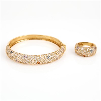 Lot 219 - Gold and Stone Rigid Bracelet and Ring, 18K 24...