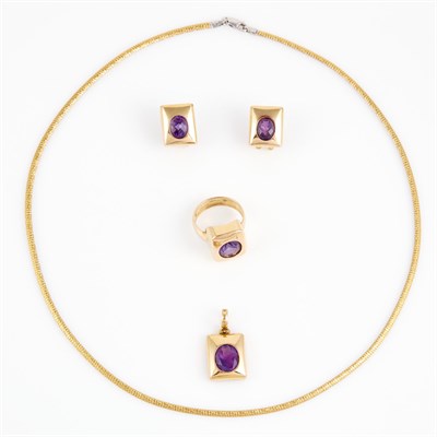 Lot 221 - Two Gold and Stone Earrings, Pendant, Ring and...