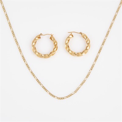 Lot 245 - Two Gold Earrings and Neck Chain, 14K 1 dwt....