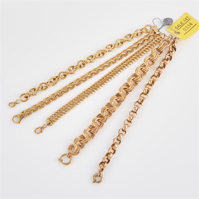 Lot 334 - Five Gold Flexible Bracelets, 14K 30 dwt.,...