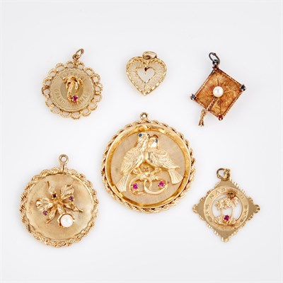 Lot 345 - Six Gold, Bead and Stone Pendants, 14K 25 dwt....