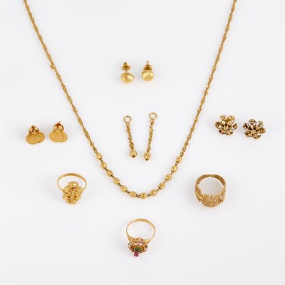Lot 352 - Three Gold, Bead and Stone Rings, Necklace,...