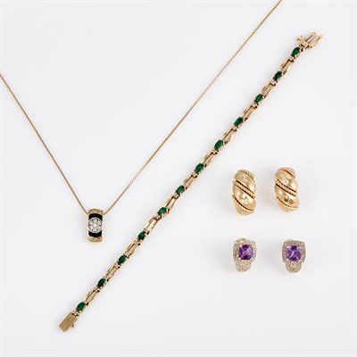 Lot 354 - Four Gold, Enamel and Stone Earrings, Flexible...