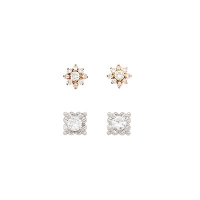 Lot 2148 - Pair of White Gold and Diamond Stud Earrings and Pair of Gold and Diamond Cluster Earrings