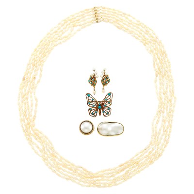 Lot 2212 - Multistrand Biwa Pearl Necklace, Gold and Mabé Pearl Ring and Pin, Pair of Cultured Pearl and Turquoise Earrings and Butterfly Pin