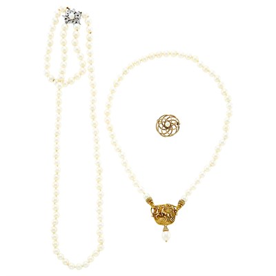 Lot 2187 - Cultured Pearl and Gold Pendant-Necklace, White Gold, Cultured Pearl and Diamond Bracelet and Low Karat Gold Pin