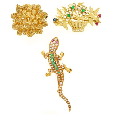 Lot 1135 - Gold Flower Pin, Split Pearl and Emerald Lizard Brooch and Diamond and Gem-Set Bouquet Brooch