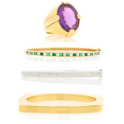Lot 2203 - Three Yellow and White Gold, Diamond and Emerald Bangle Bracelets and Gold and Amethyst Ring