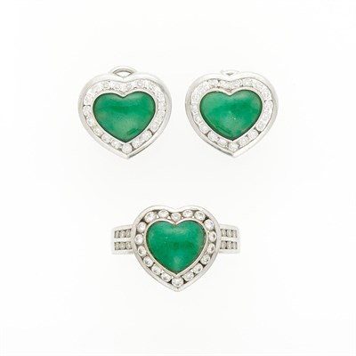 Lot 2185 - White Gold, Jade and Diamond Heart Ring and Pair of Earrings