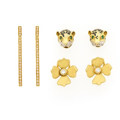 Lot 1216 - Three Pairs of Flower, Tiger and Bar Earrings