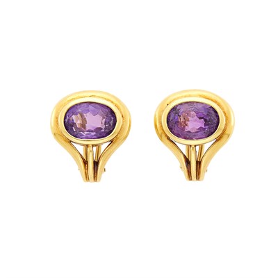 Lot 1011 - Pair of Gold and Amethyst Earclips