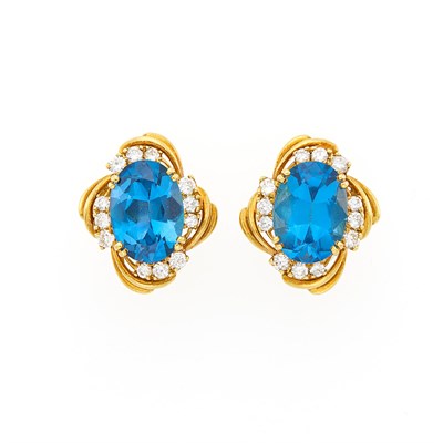 Lot 1015 - Pair of Gold, Platinum, Blue Topaz and Diamond Earclips