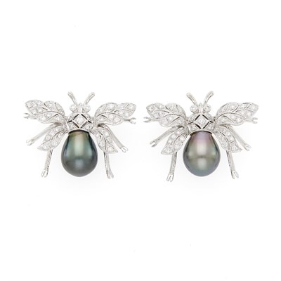 Lot 1027 - Pair of White Gold, Gray Tahitian Cultured Pearl and Diamond Insect Pins