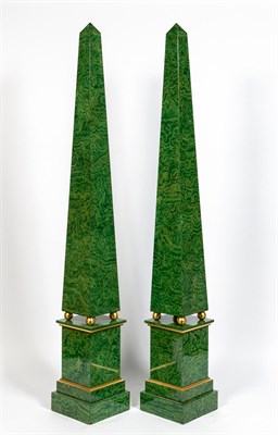 Lot 166 - Pair of Faux Malachite Painted Wood Obelisks on Stands