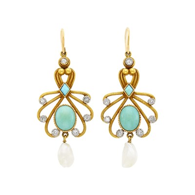 Lot 49 - Pair of Antique Gold, Platinum, Turquoise, Freshwater Pearl and Diamond Pendant-Earrings