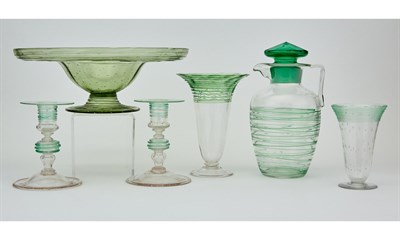 Lot 1002 - Group of Six Green Threaded Glass Attributed...