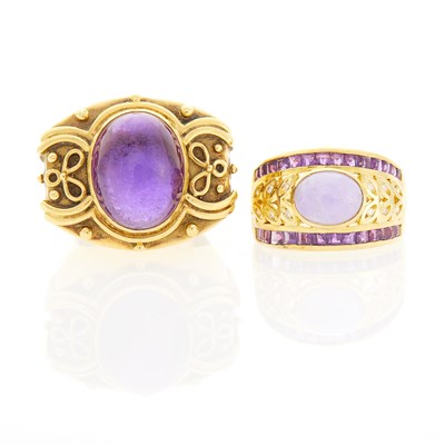 Lot 2042 - Gold, Lavender Jade and Amethyst Ring and Cabochon Amethyst Ring