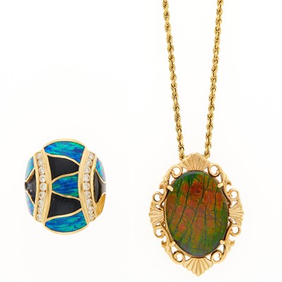Lot 2283 - Gold, Ammonite Doublet, Abalone Shell, Black Onyx and Diamond Ring and Pendant