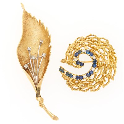 Lot 2149 - Gold, Sapphire and Diamond Brooch and Diamond Leaf Brooch