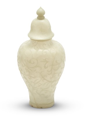 Lot 32 - A Large White Jade Mughal-Style Lotus Vase and Cover
