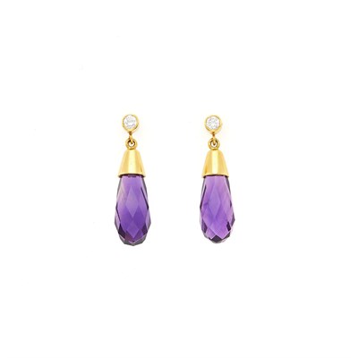 Lot 45 - Pair of Gold, Amethyst and Diamond Pendant-Earrings