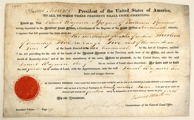 Lot 258 - MONROE, JAMES Land grant signed as President....