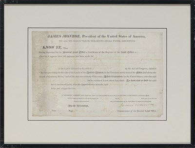 Lot 259 - MONROE, JAMES Land grant signed as President....