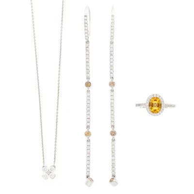 Lot 1064 - White Gold, Citrine and Diamond Ring, Diamond Pendant-Necklace and Pair of Diamond and Colored Diamond Pendant-Earrings