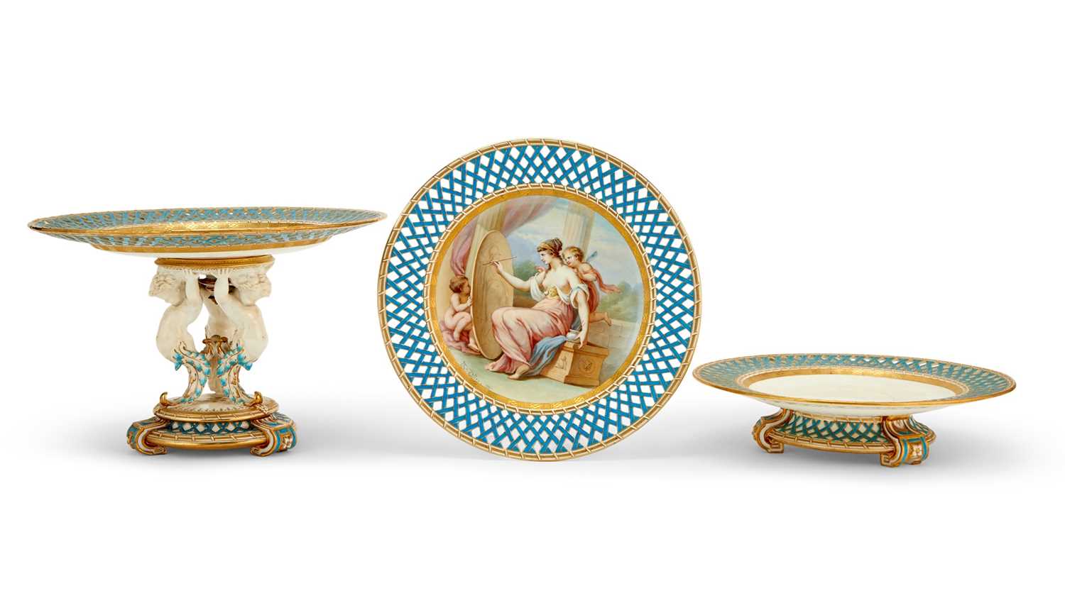 Lot 90 - Group of English Porcelain Reticulated Cabinet Plates Depicting Neoclassical Scenes