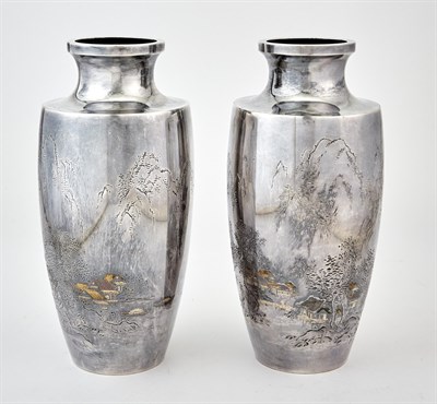 Lot 373 - A Pair of Japanese Silver Vases