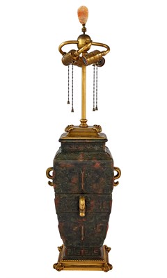 Lot 329 - Chinoiserie Patinated and Parcel-gilt Bronze Lamp