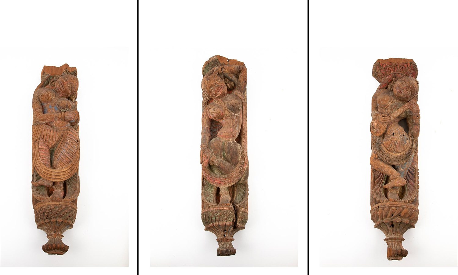 Lot 83 - Three Indian Carved Wooden Figural Brackets