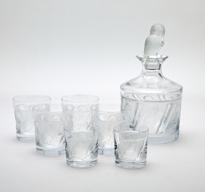 Lot 387 - Lalique Molded Glass Owl Themed Decanter and Six Tumblers