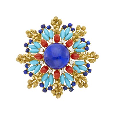 Lot 17 - Gold, Lapis, Turquoise, Coral and Diamond Pendant-Brooch