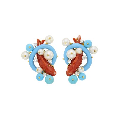 Lot 18 - Seaman Schepps Pair of Gold, Carved Turquoise and Coral, Cultured Pearl and Diamond 'Koi Fish' Earclips