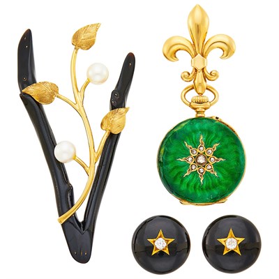 Lot 1164 - Gold, Black Enamel and Cultured Pearl Brooch, Pair of Black Enamel and Diamond Buttons and Gold, Green Enamel and Diamond Lapel-Watch