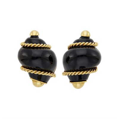 Lot 4 - Seaman Schepps Pair of Gold and Black Onyx Shell Earclips