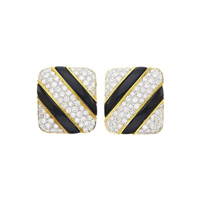 Lot 36 - Pair of Two-Color Gold, Black Onyx and Diamond Earclips