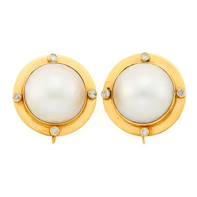 Lot 1091 - Pair of Gold, Mabé Pearl and Diamond Earrings