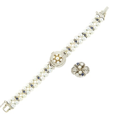 Lot 1081 - Double Strand Cultured Pearl, White Gold and Sapphire Bracelet-Watch and Cultured Pearl, Diamond and Sapphire Ring
